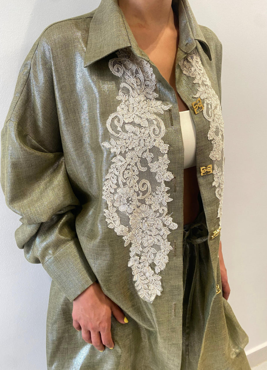 Olive linen embroidered shirt