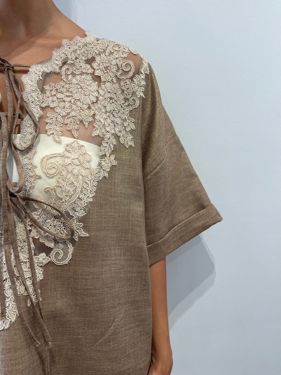 Bronze linen shirt with embroidery