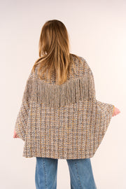 Tweed cape with lurex fringes