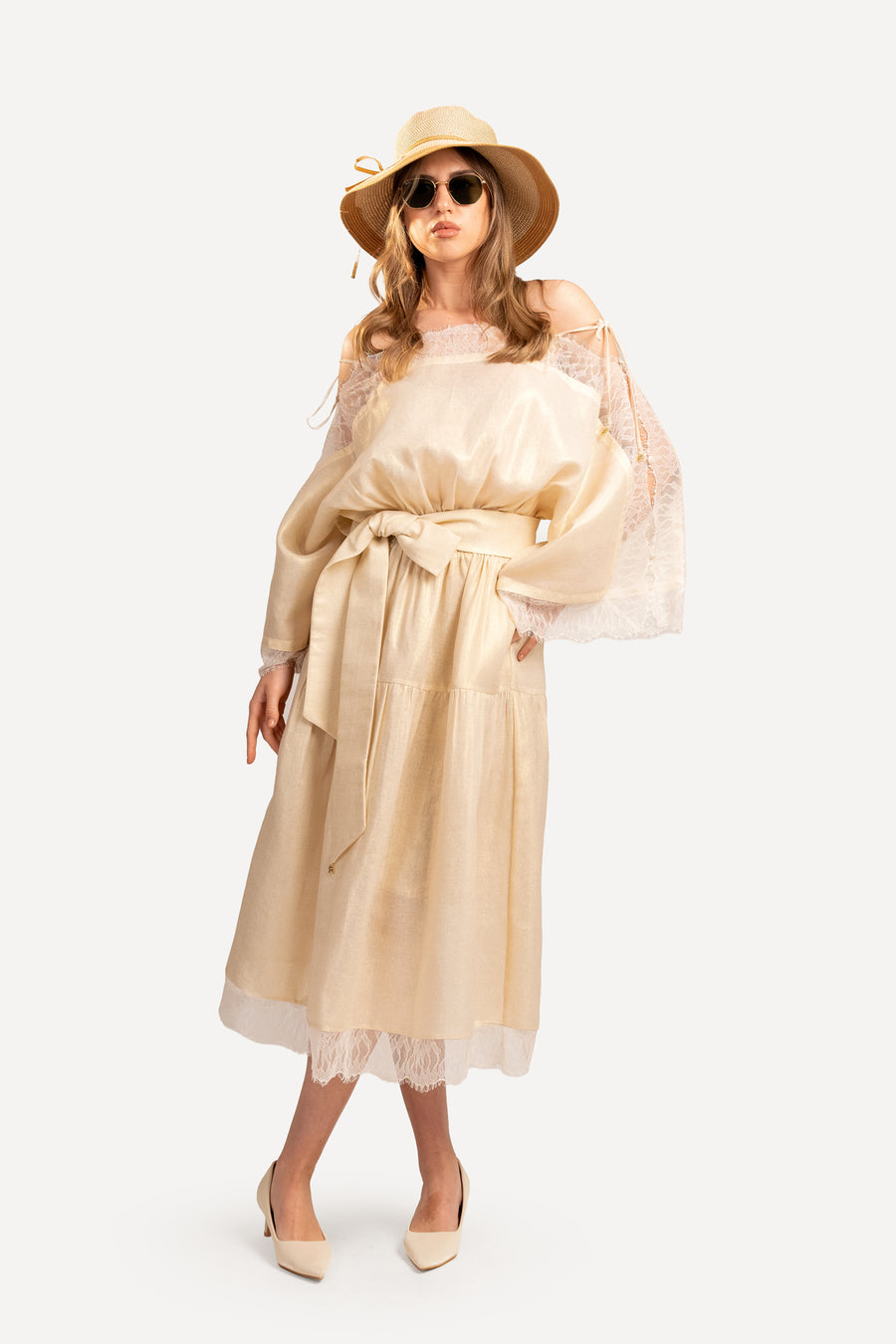 Gold Metalic Lenin with Lace dress