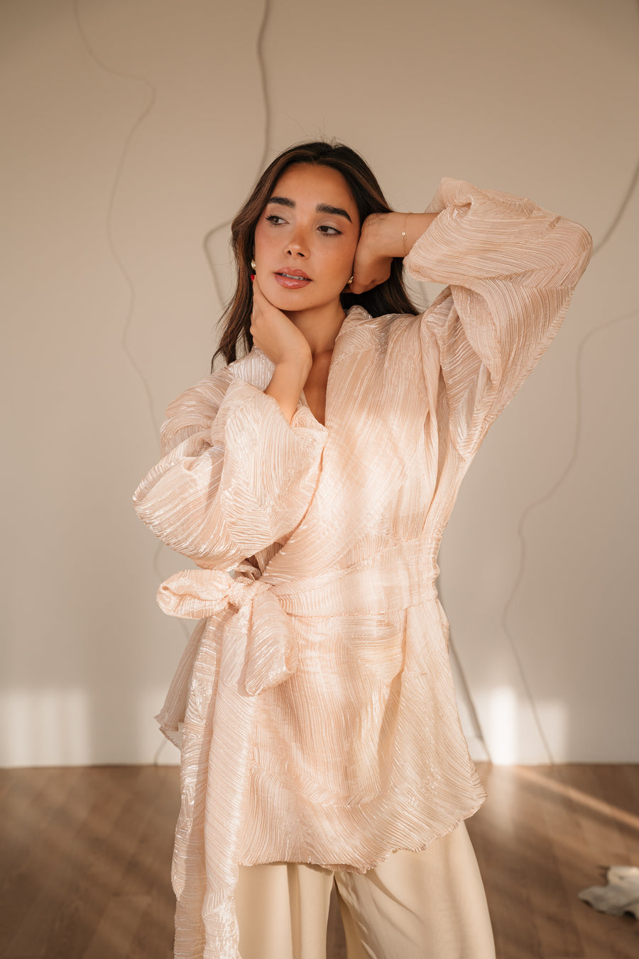CREAM PLISSE ORGANZA CARDIGAN